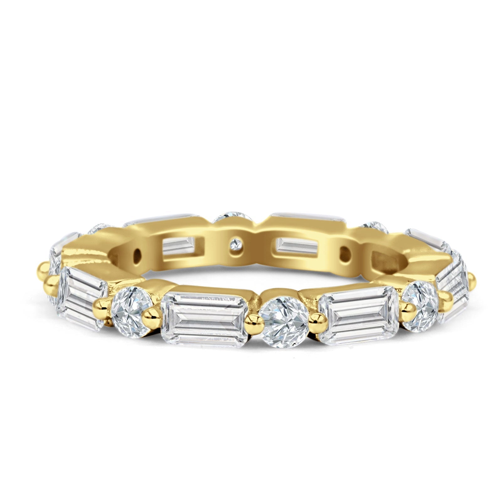 Full Eternity 3mm Emerald Cut & Round Cubic Zirconia Wedding Band 925 Sterling Silver