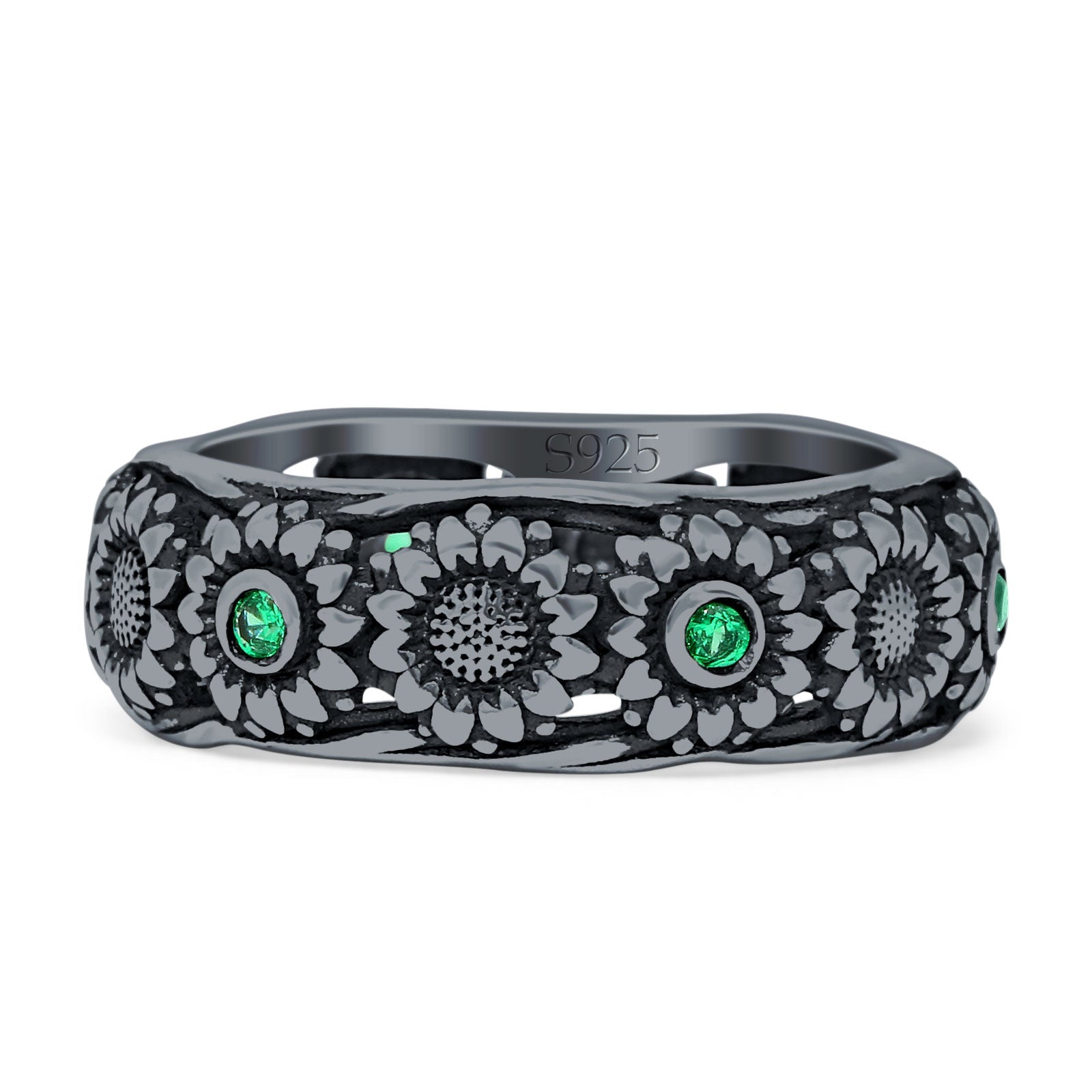 925 Sterling Silver Sunflower Ring Oxidized Cubic Zirconia