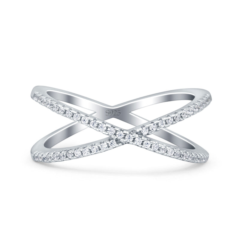 Cross Over X Crisscross Engagement Ring Round Simulated Cubic Zirconia 925 Sterling Silver