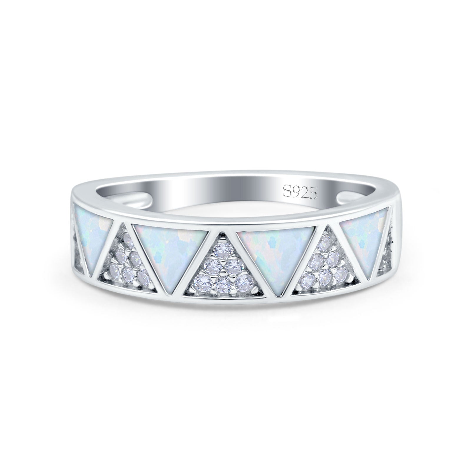 Half Eternity Ring Wedding Engagement Band Triangle White Opal Simulated Cubic Zirconia 925 Sterling Silver