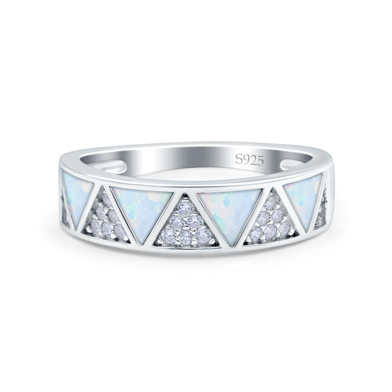Half Eternity Ring Wedding Engagement Band Triangle White Opal Simulated Cubic Zirconia 925 Sterling Silver