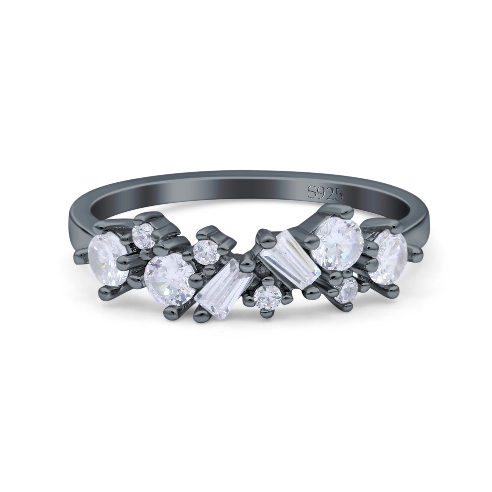 Half Eternity Cluster Ring Wedding Engagement Band Baguette Simulated CZ 925 Sterling Silver (6mm)