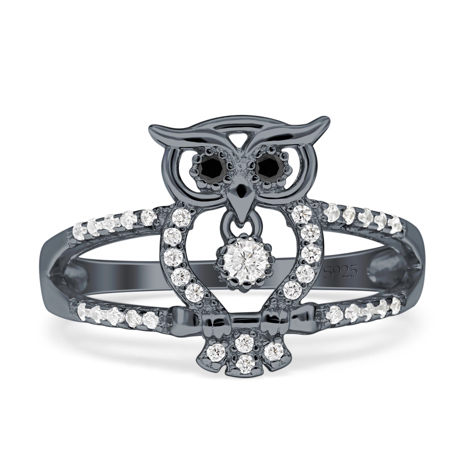 Owl Black Spinel Eye Ring Cubic Zirconia 925 Sterling Silver