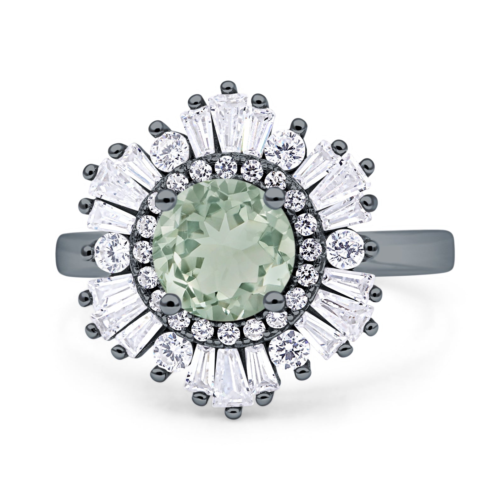 Floral Art Deco Round Natural Green Amethyst Prasiolite Halo Engagement Ring