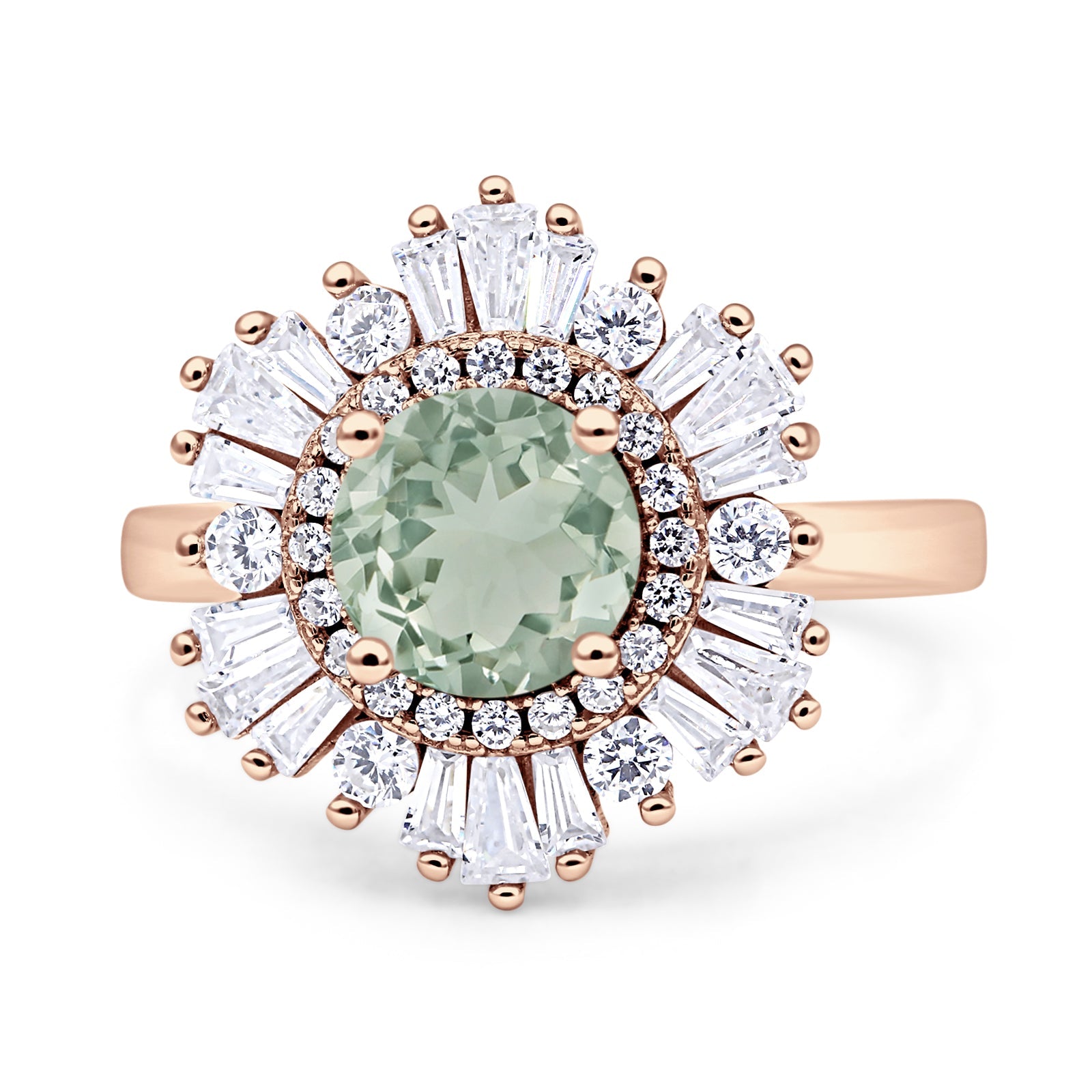 Floral Art Deco Round Natural Green Amethyst Prasiolite Halo Engagement Ring