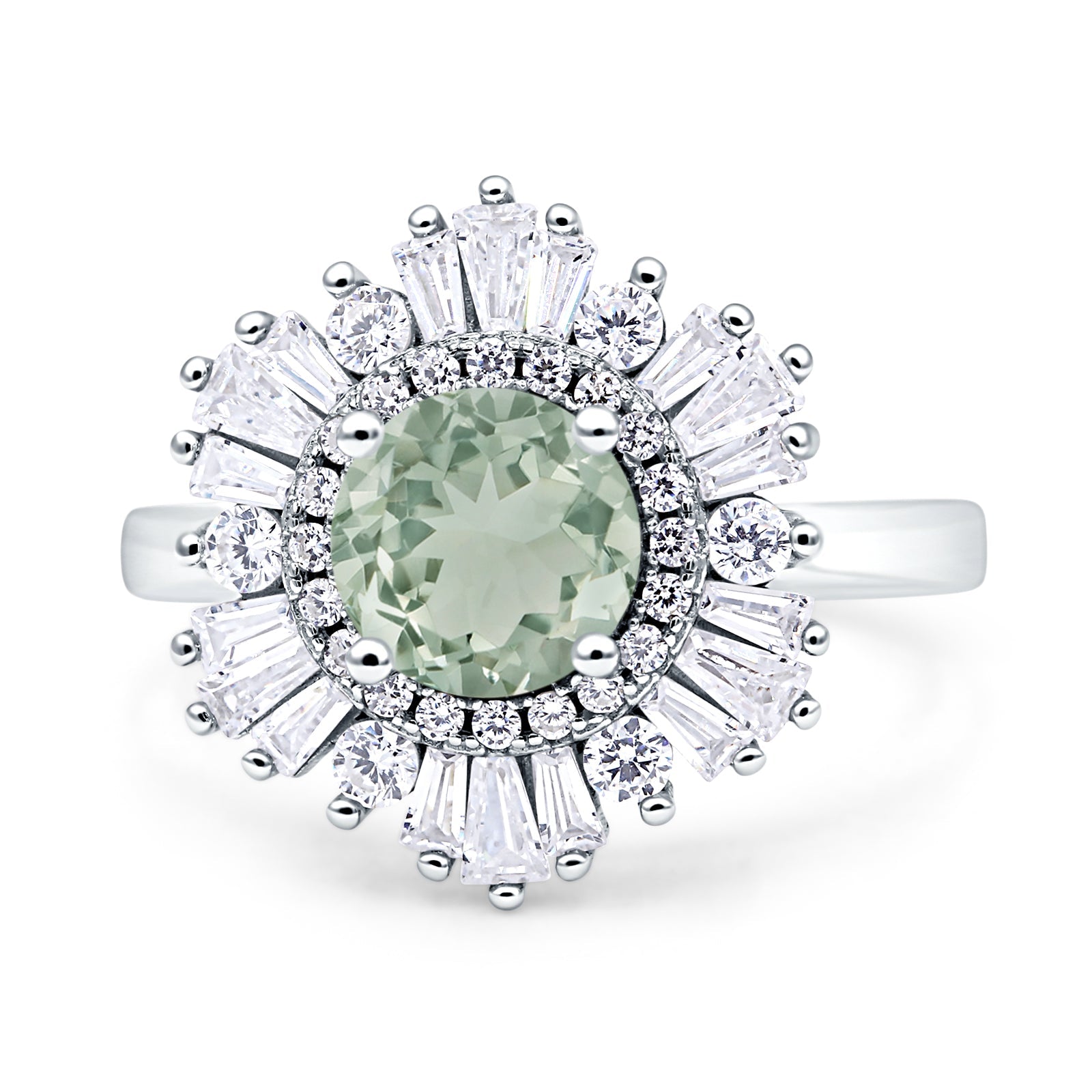 Floral Art Deco Round Natural Green Amethyst Prasiolite Halo Engagement Ring