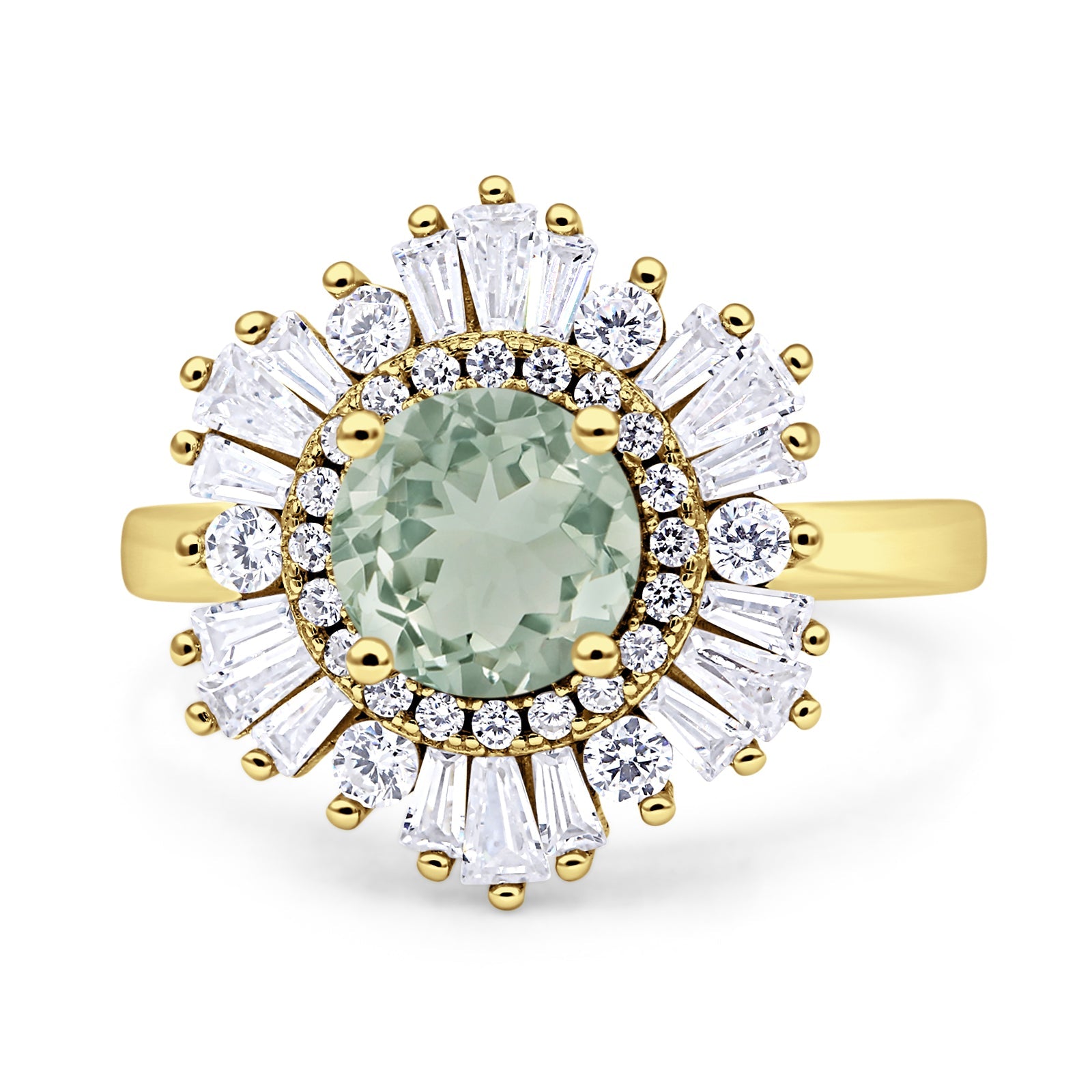 Floral Art Deco Round Natural Green Amethyst Prasiolite Halo Engagement Ring