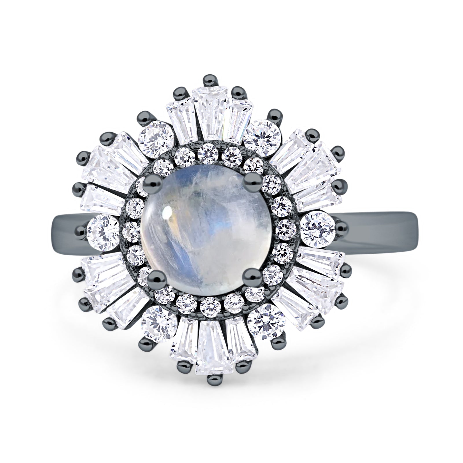 Floral Art Deco Round Natural Moonstone Halo Engagement Ring