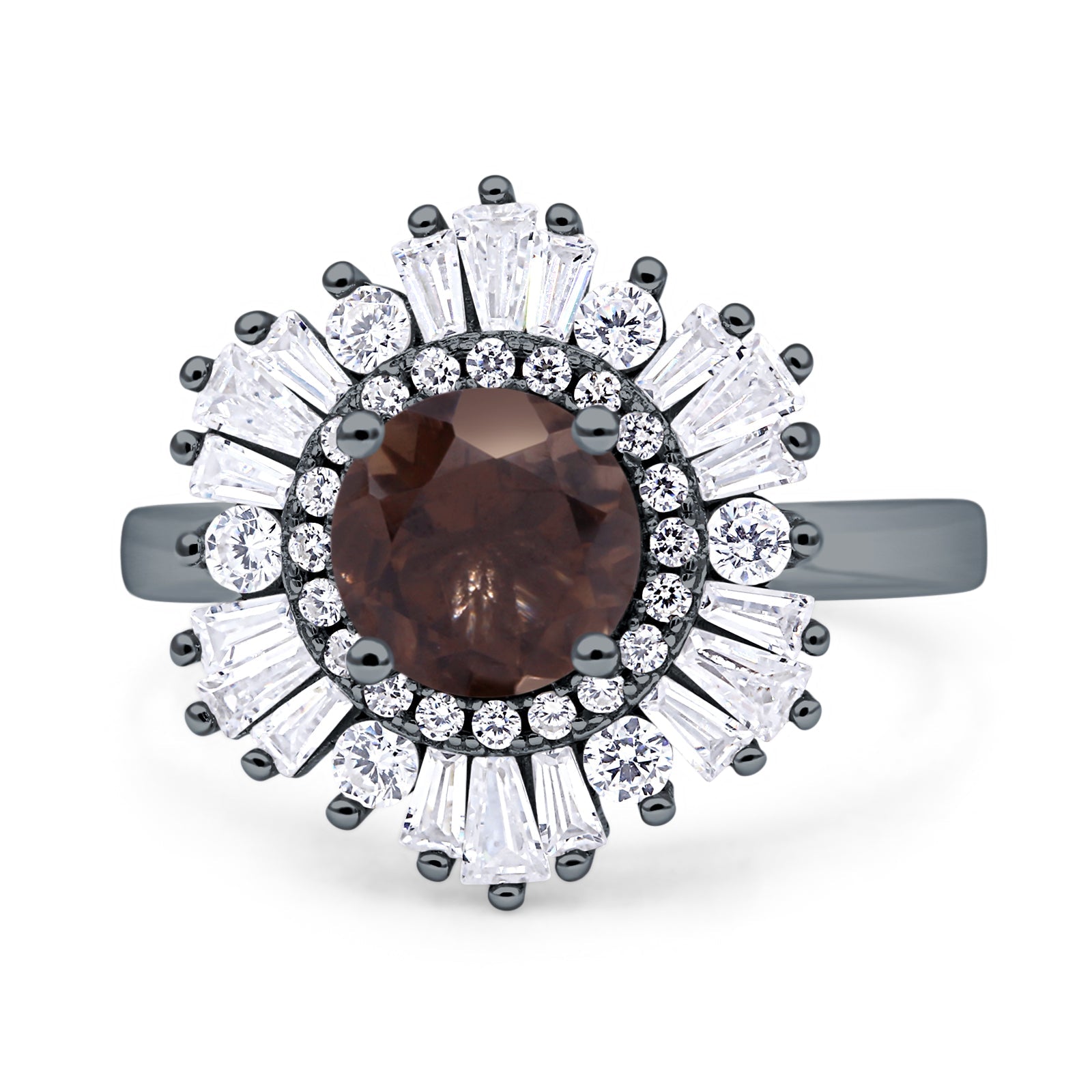 Floral Art Deco Round Natural Chocolate Brown Smoky Quartz Halo Engagement Ring