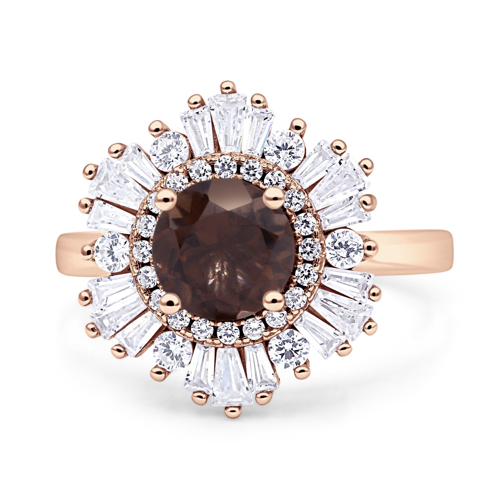 Floral Art Deco Round Natural Chocolate Brown Smoky Quartz Halo Engagement Ring