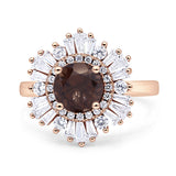 Floral Art Deco Round Natural Chocolate Brown Smoky Quartz Halo Engagement Ring
