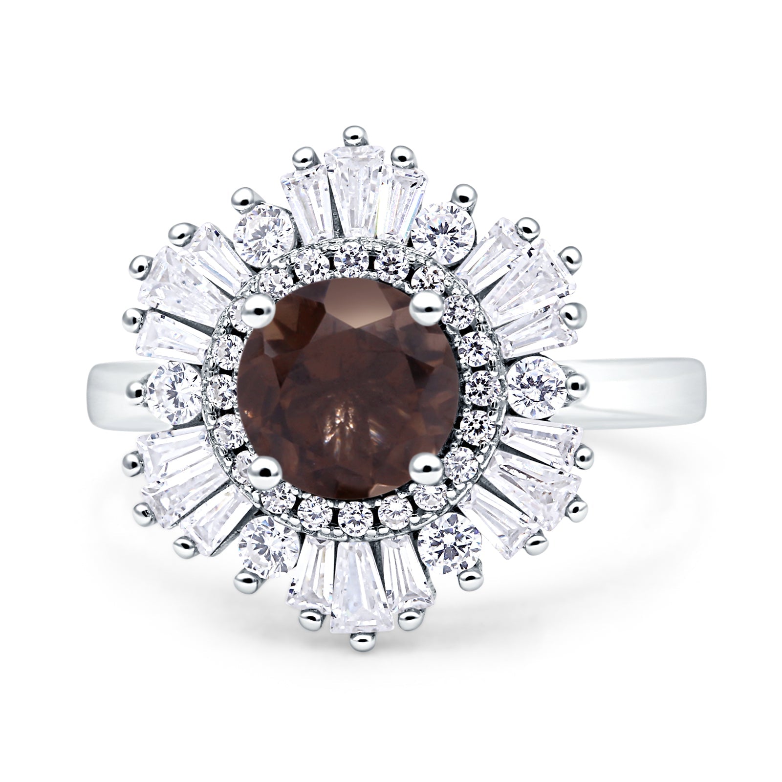Floral Art Deco Round Natural Chocolate Brown Smoky Quartz Halo Engagement Ring