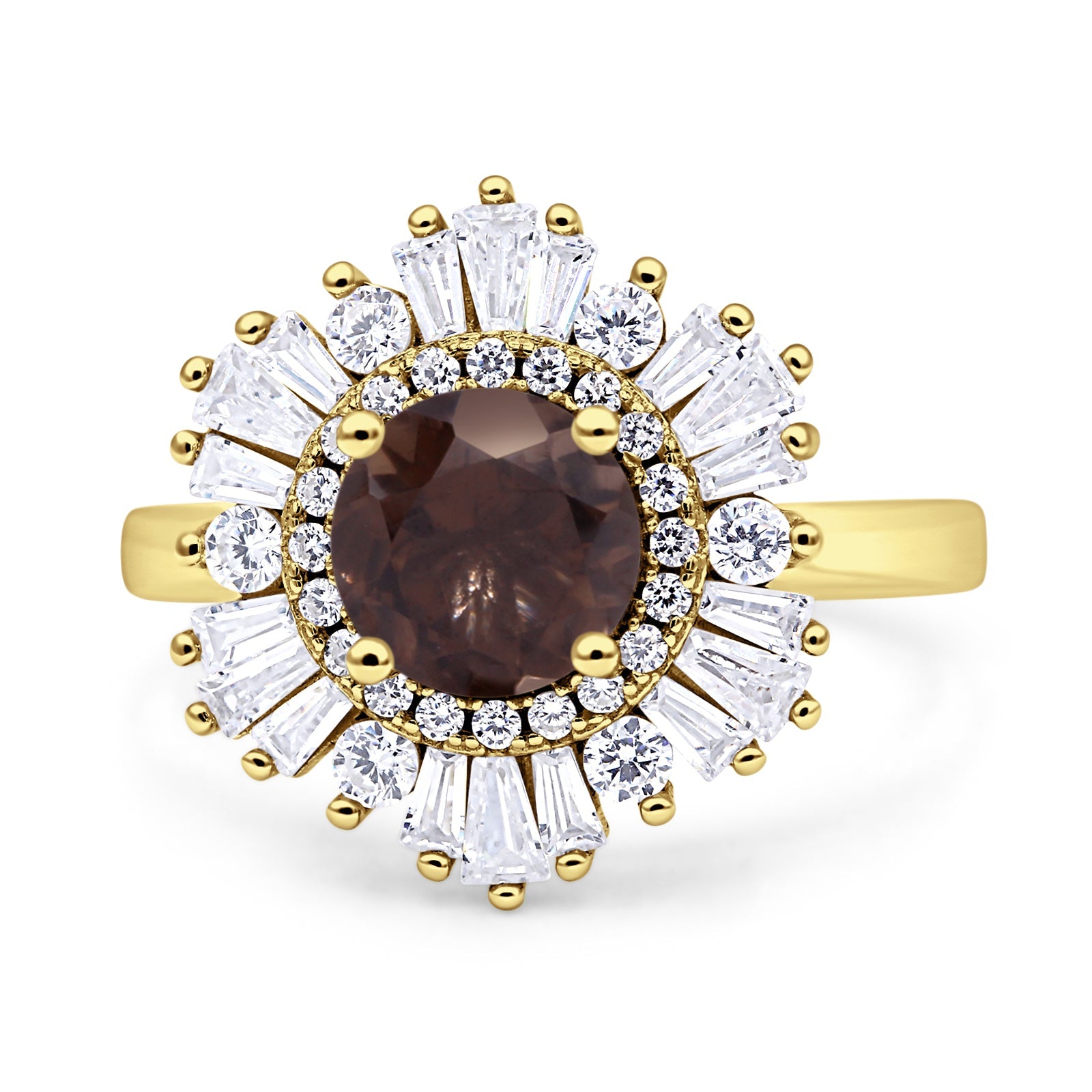 Floral Art Deco Round Natural Chocolate Brown Smoky Quartz Halo Engagement Ring