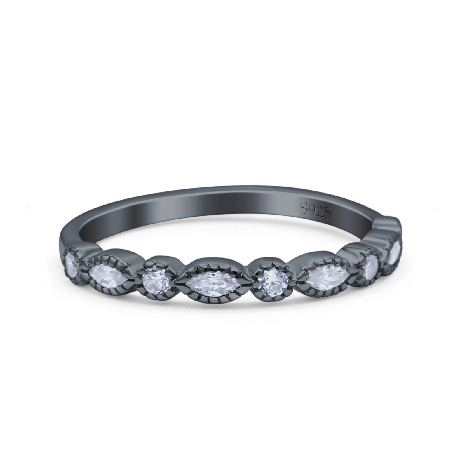 Half Eternity Band Marquise Round Simulated Cubic Zirconia 925 Sterling Silver (2.5mm)