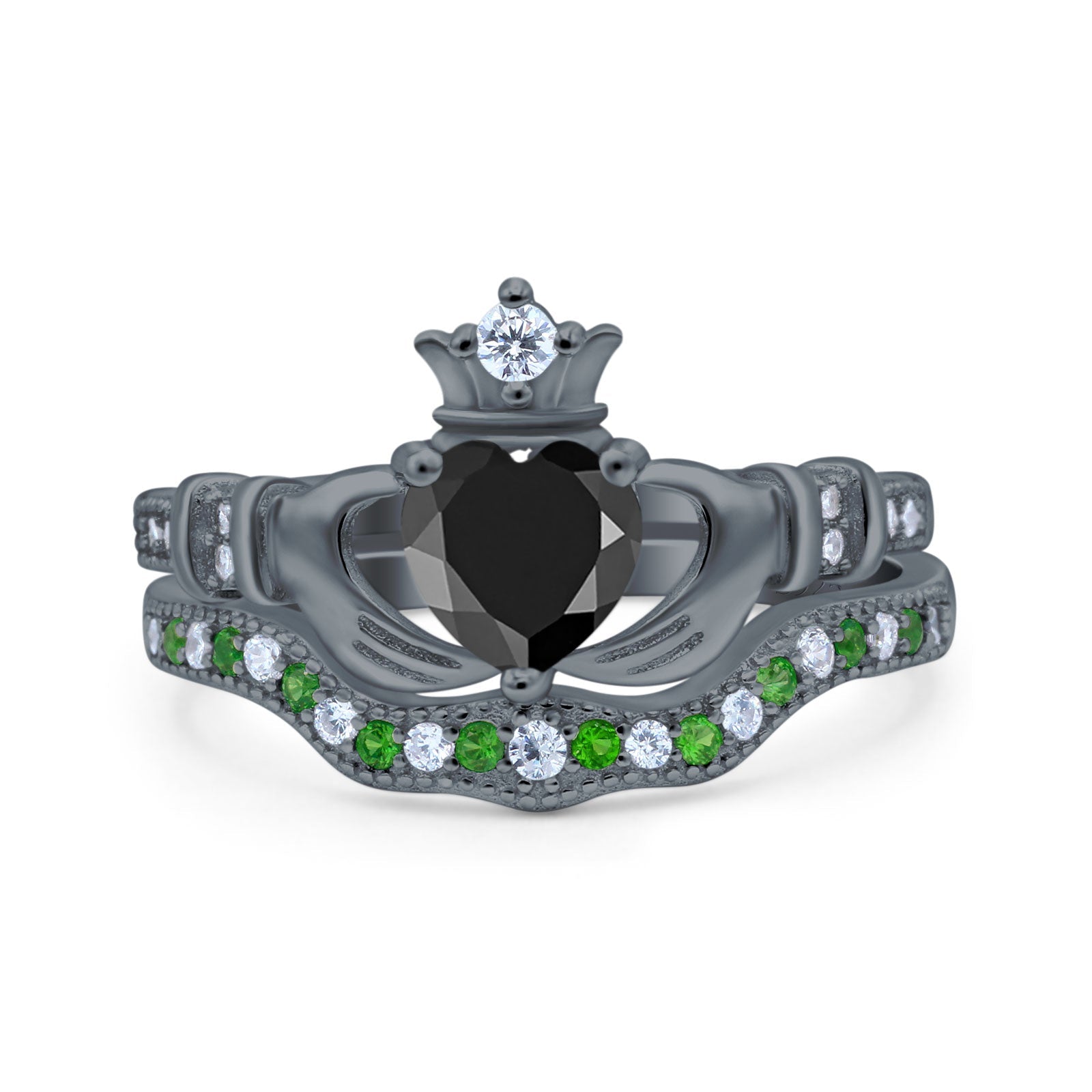 Claddagh Accent Heart Wedding Bridal Set Piece Ring Band Round Green Emerald Simulated Cubic Zirconia 925 Sterling Silver