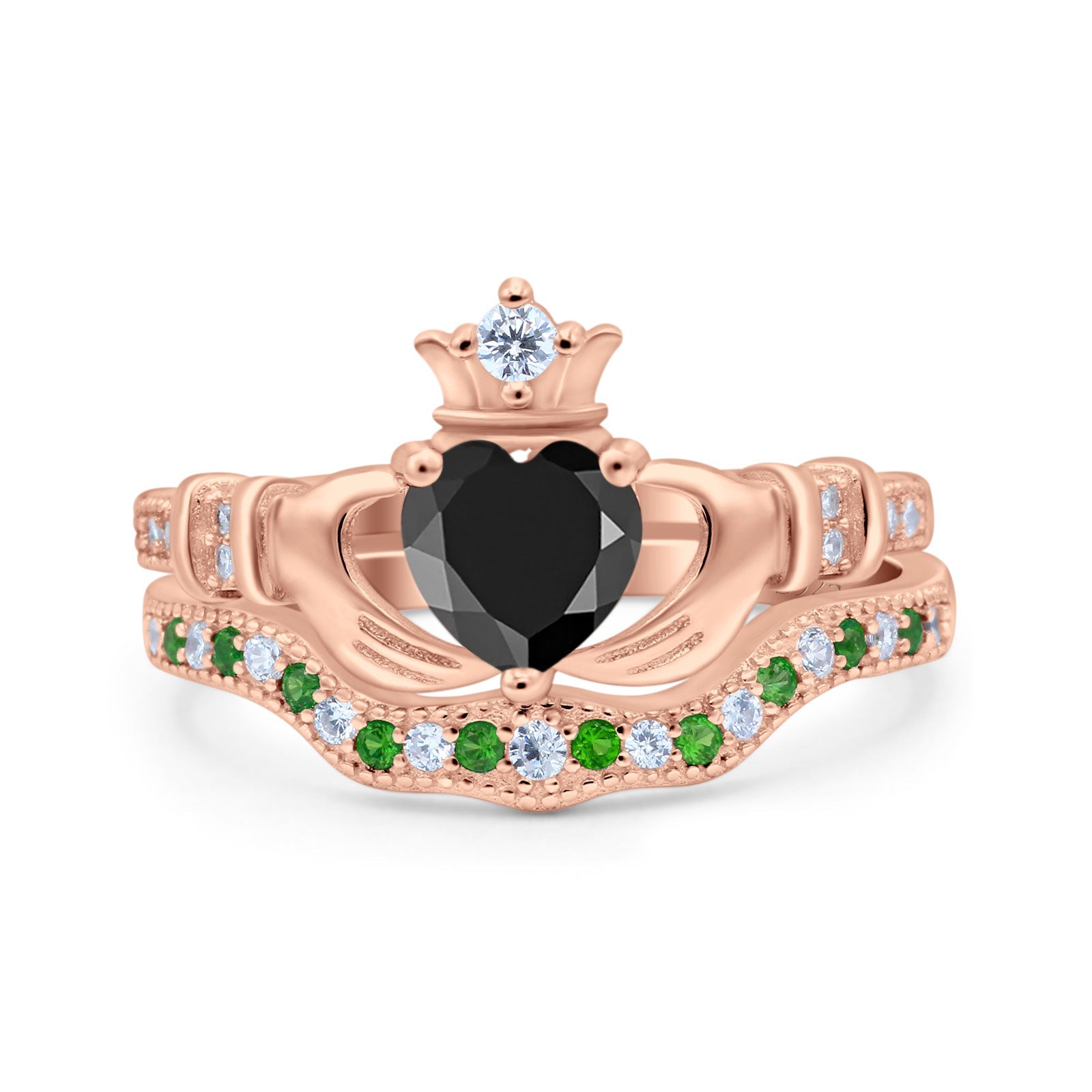 Claddagh Accent Heart Wedding Bridal Set Piece Ring Band Round Green Emerald Simulated Cubic Zirconia 925 Sterling Silver