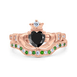 Claddagh Accent Heart Wedding Bridal Set Piece Ring Band Round Green Emerald Simulated Cubic Zirconia 925 Sterling Silver