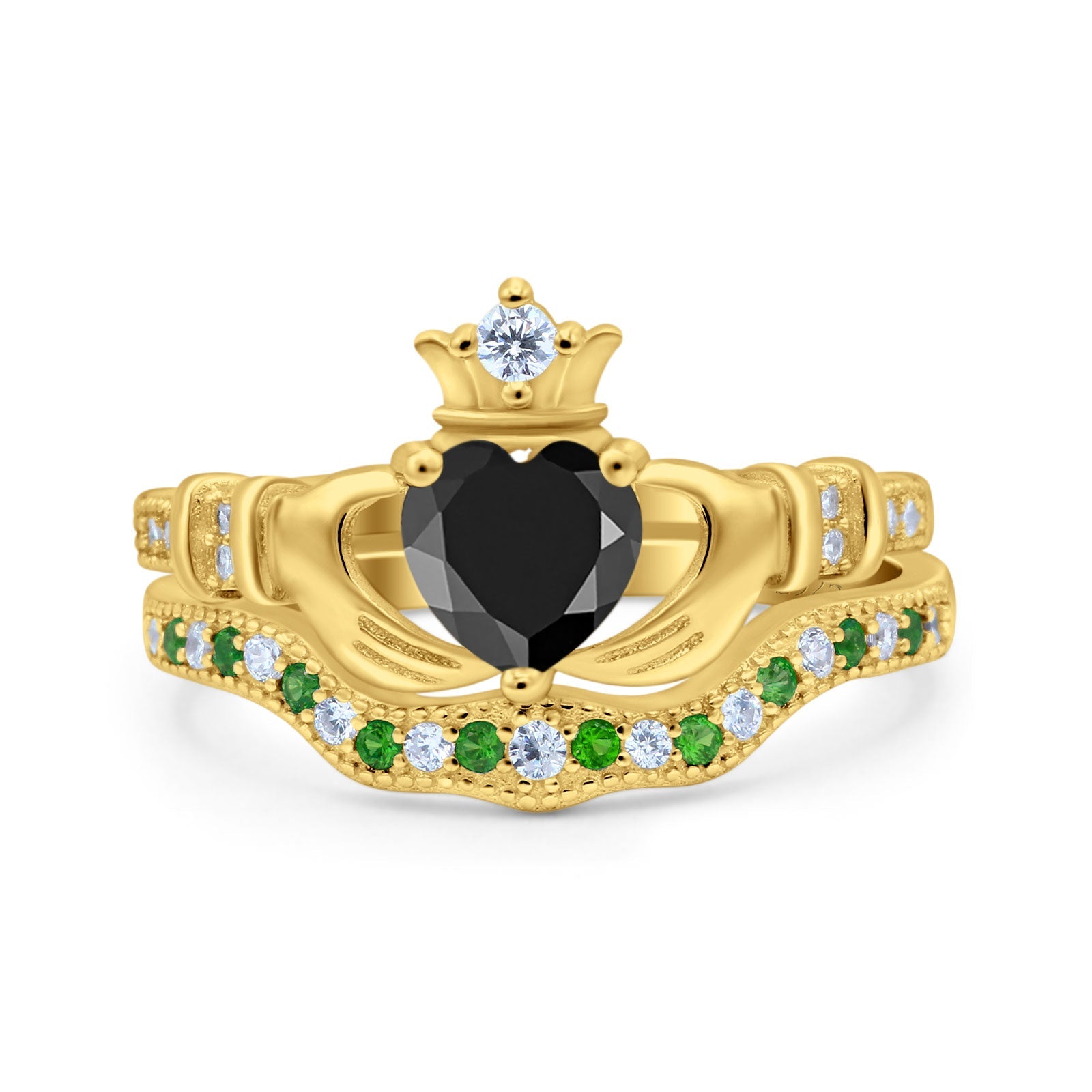 Claddagh Accent Heart Wedding Bridal Set Piece Ring Band Round Green Emerald Simulated Cubic Zirconia 925 Sterling Silver