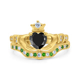 Claddagh Accent Heart Wedding Bridal Set Piece Ring Band Round Green Emerald Simulated Cubic Zirconia 925 Sterling Silver