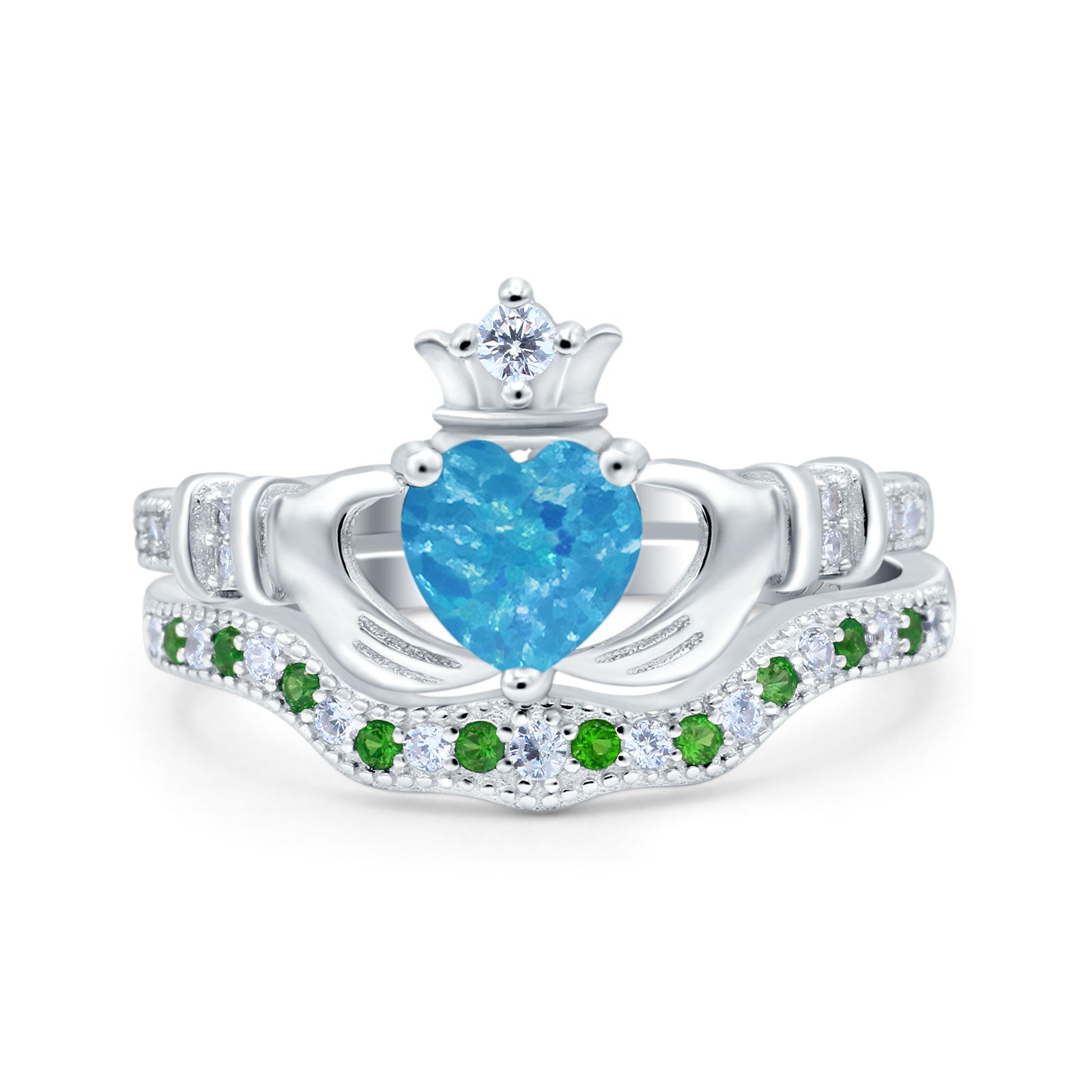 Claddagh Accent Heart Wedding Bridal Set Piece Ring Band Round Green Emerald Simulated Cubic Zirconia 925 Sterling Silver