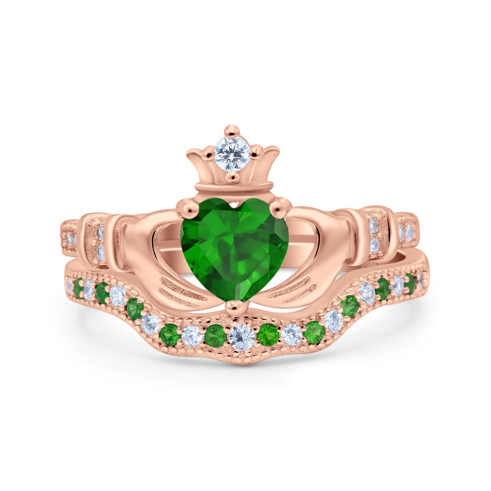 Claddagh Accent Heart Wedding Bridal Set Piece Ring Band Round Green Emerald Simulated Cubic Zirconia 925 Sterling Silver