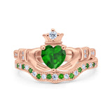 Claddagh Accent Heart Wedding Bridal Set Piece Ring Band Round Green Emerald Simulated Cubic Zirconia 925 Sterling Silver