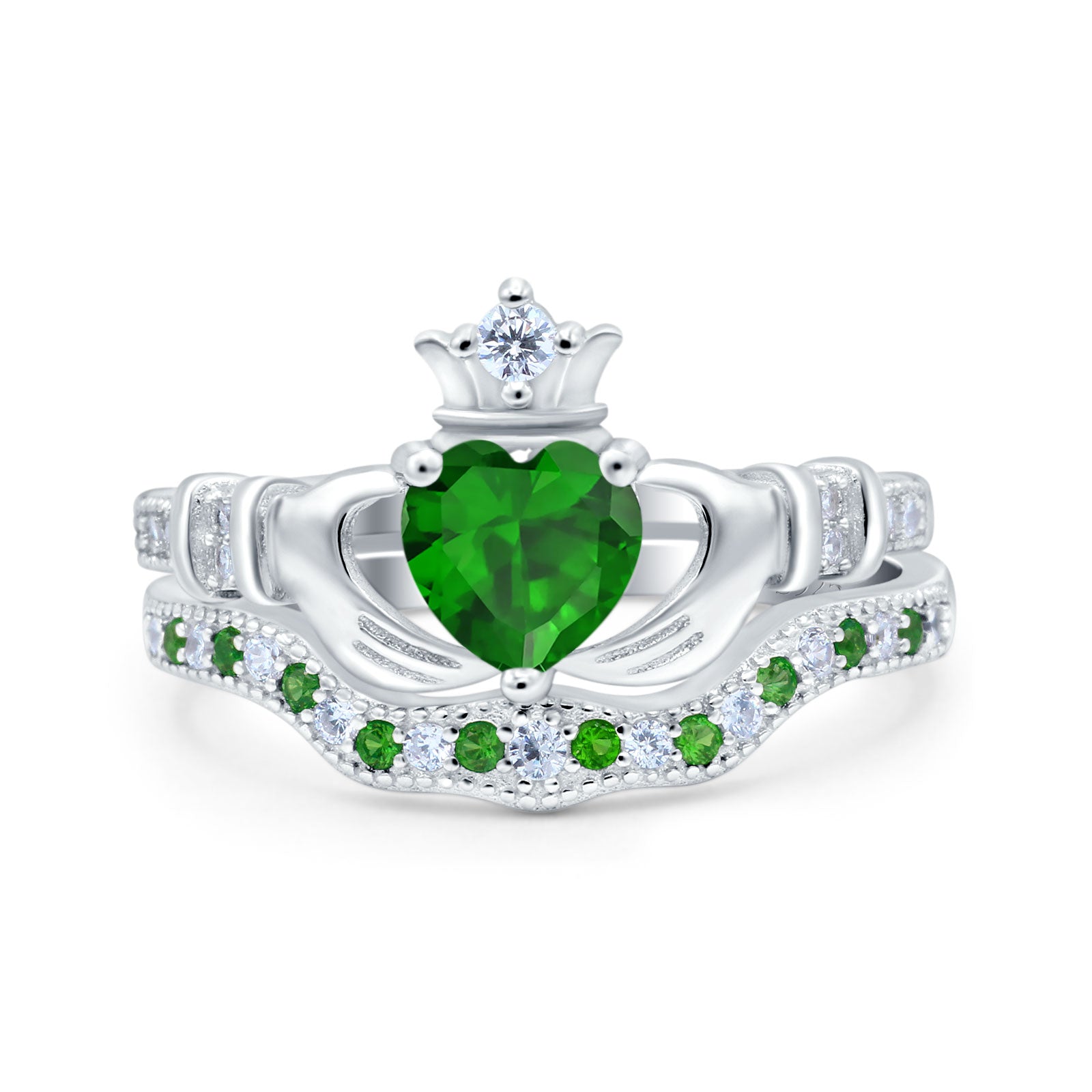 Claddagh Accent Heart Wedding Bridal Set Piece Ring Band Round Green Emerald Simulated Cubic Zirconia 925 Sterling Silver