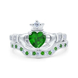 Claddagh Accent Heart Wedding Bridal Set Piece Ring Band Round Green Emerald Simulated Cubic Zirconia 925 Sterling Silver