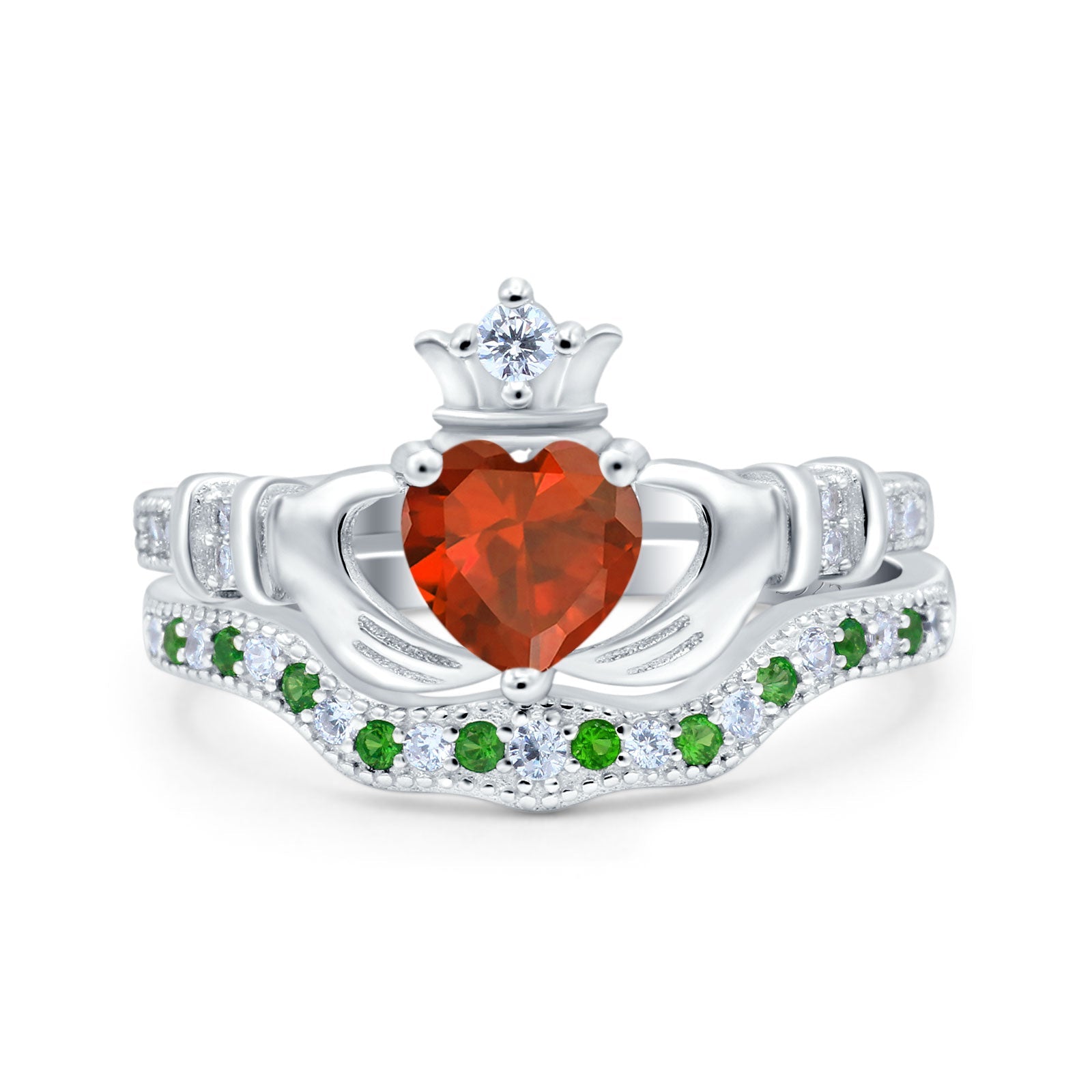Claddagh Accent Heart Wedding Bridal Set Piece Ring Band Round Green Emerald Simulated Cubic Zirconia 925 Sterling Silver