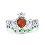 Claddagh Accent Heart Wedding Bridal Set Piece Ring Band Round Green Emerald Simulated Cubic Zirconia 925 Sterling Silver