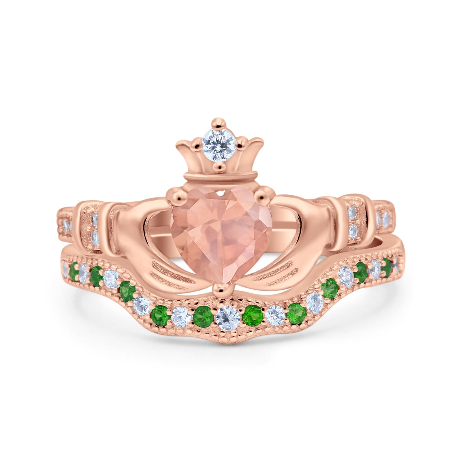 Claddagh Accent Heart Wedding Bridal Set Piece Ring Band Round Green Emerald Simulated Cubic Zirconia 925 Sterling Silver