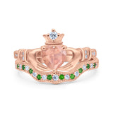 Claddagh Accent Heart Wedding Bridal Set Piece Ring Band Round Green Emerald Simulated Cubic Zirconia 925 Sterling Silver