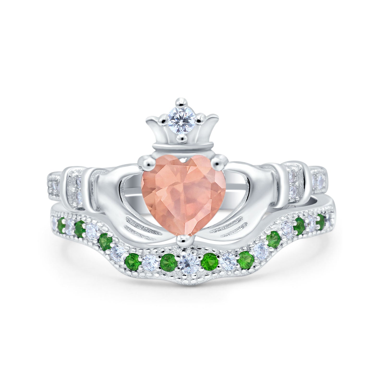Claddagh Accent Heart Wedding Bridal Set Piece Ring Band Round Green Emerald Simulated Cubic Zirconia 925 Sterling Silver
