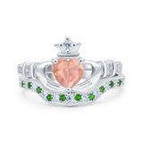 Claddagh Accent Heart Wedding Bridal Set Piece Ring Band Round Green Emerald Simulated Cubic Zirconia 925 Sterling Silver