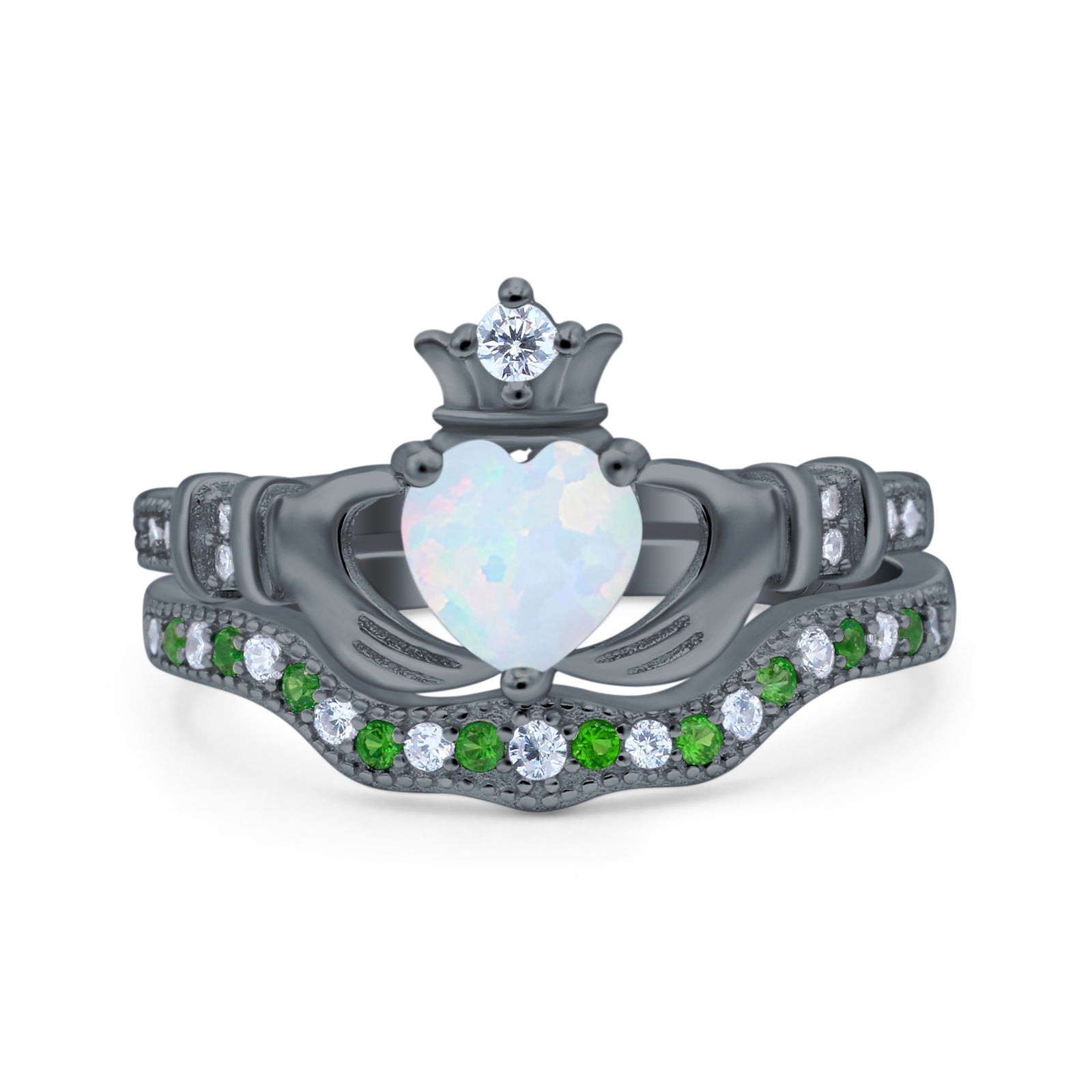 Claddagh Accent Heart Wedding Bridal Set Piece Ring Band Round Green Emerald Simulated Cubic Zirconia 925 Sterling Silver