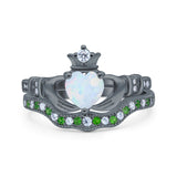 Claddagh Accent Heart Wedding Bridal Set Piece Ring Band Round Green Emerald Simulated Cubic Zirconia 925 Sterling Silver