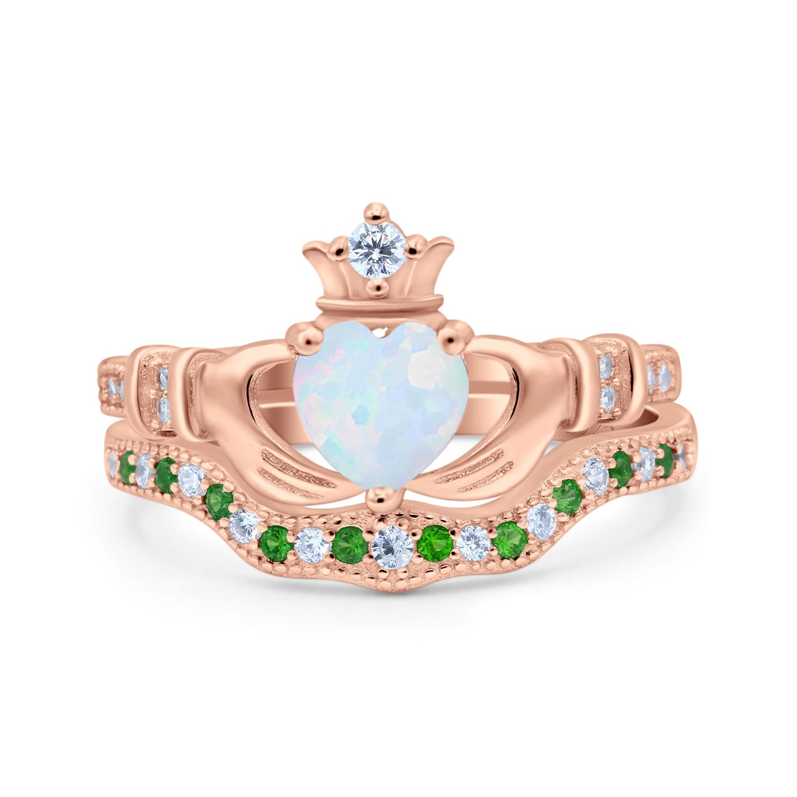 Claddagh Accent Heart Wedding Bridal Set Piece Ring Band Round Green Emerald Simulated Cubic Zirconia 925 Sterling Silver