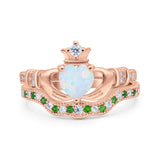 Claddagh Accent Heart Wedding Bridal Set Piece Ring Band Round Green Emerald Simulated Cubic Zirconia 925 Sterling Silver