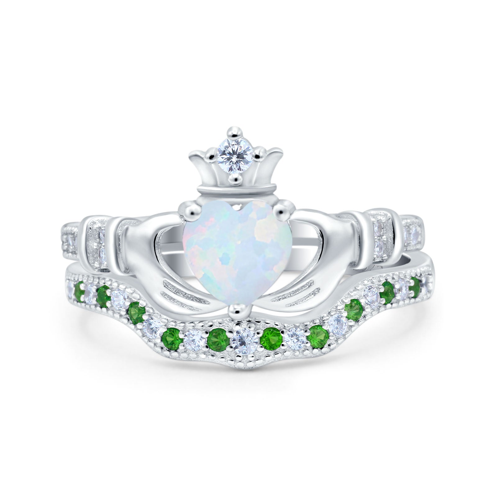 Claddagh Accent Heart Wedding Bridal Set Piece Ring Band Round Green Emerald Simulated Cubic Zirconia 925 Sterling Silver