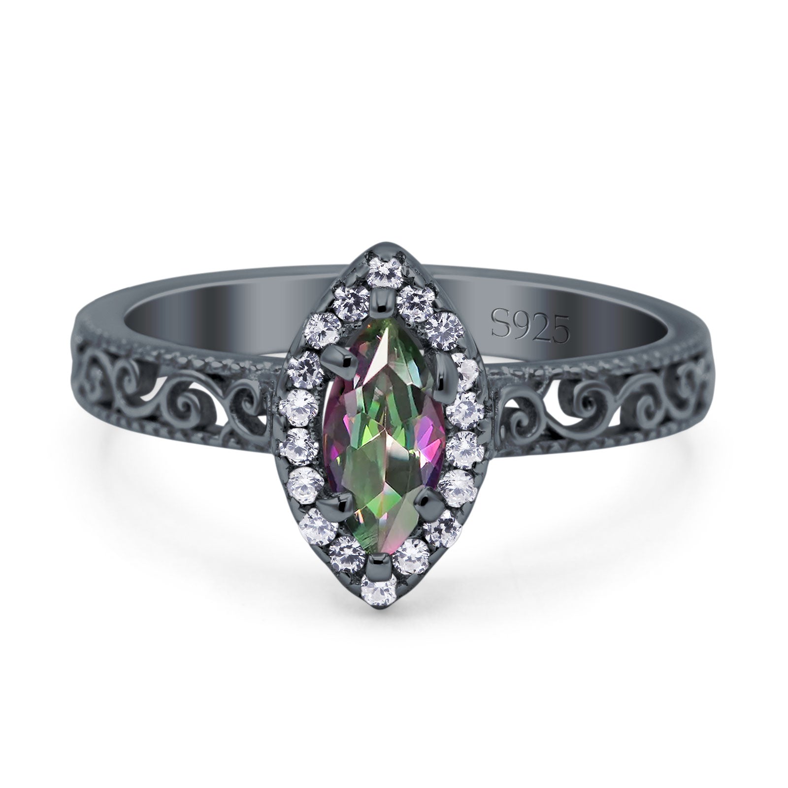 Halo Art Deco Bridal Wedding Engagement Ring Marquise Simulated Cubic Zirconia 925 Sterling Silver