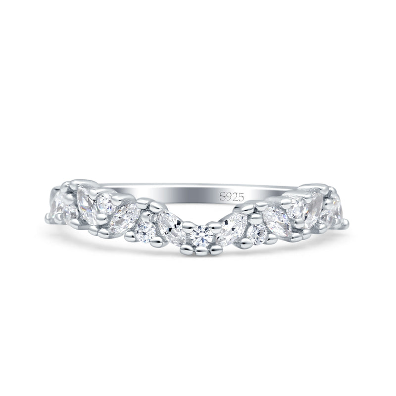Half Eternity Art Deco Marquise Round Wedding Ring Simulated Cubic Zirconia 925 Sterling Silver
