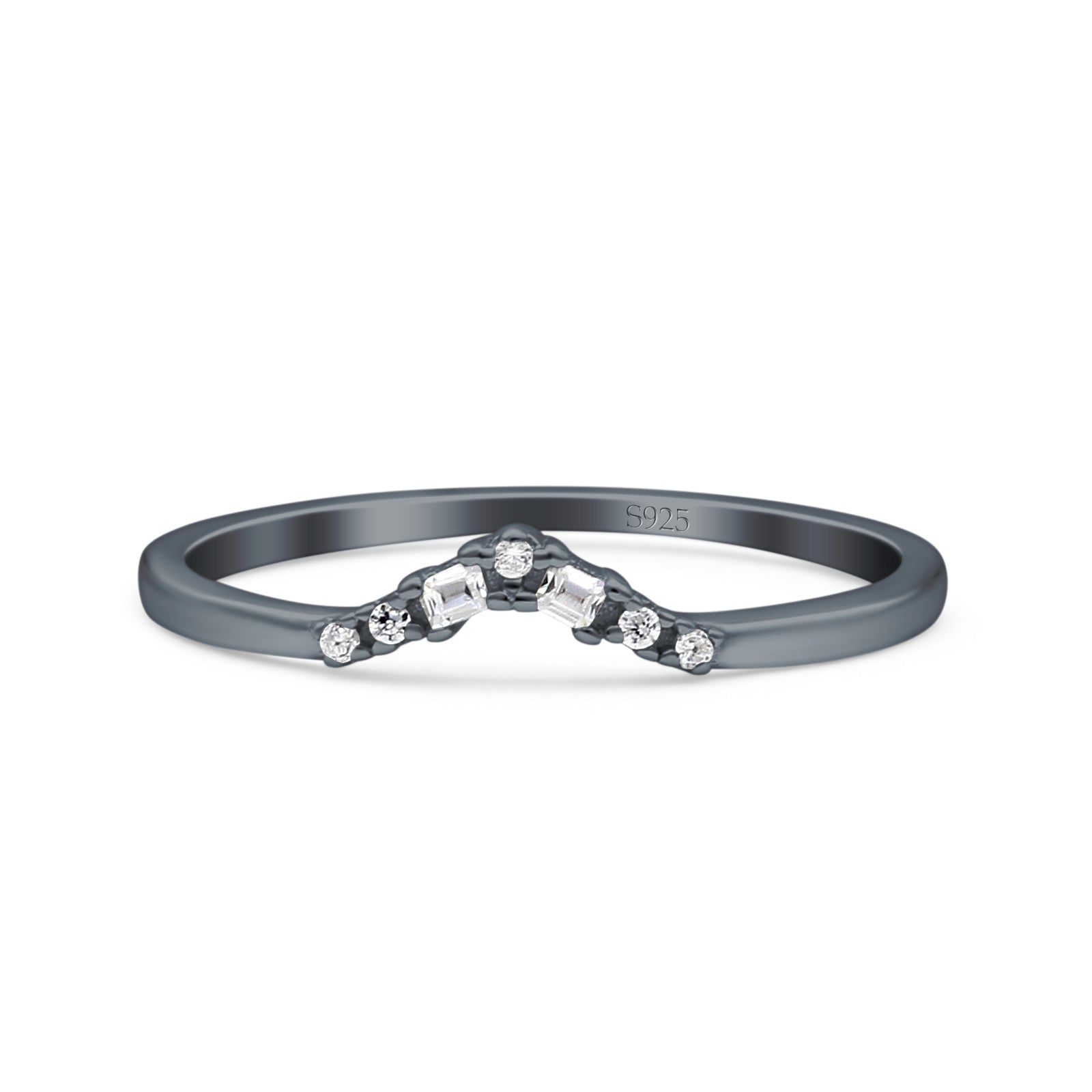 V Curve Baguette Band Eternity Ring Wedding Round Simulated Cubic Zirconia 925 Sterling Silver