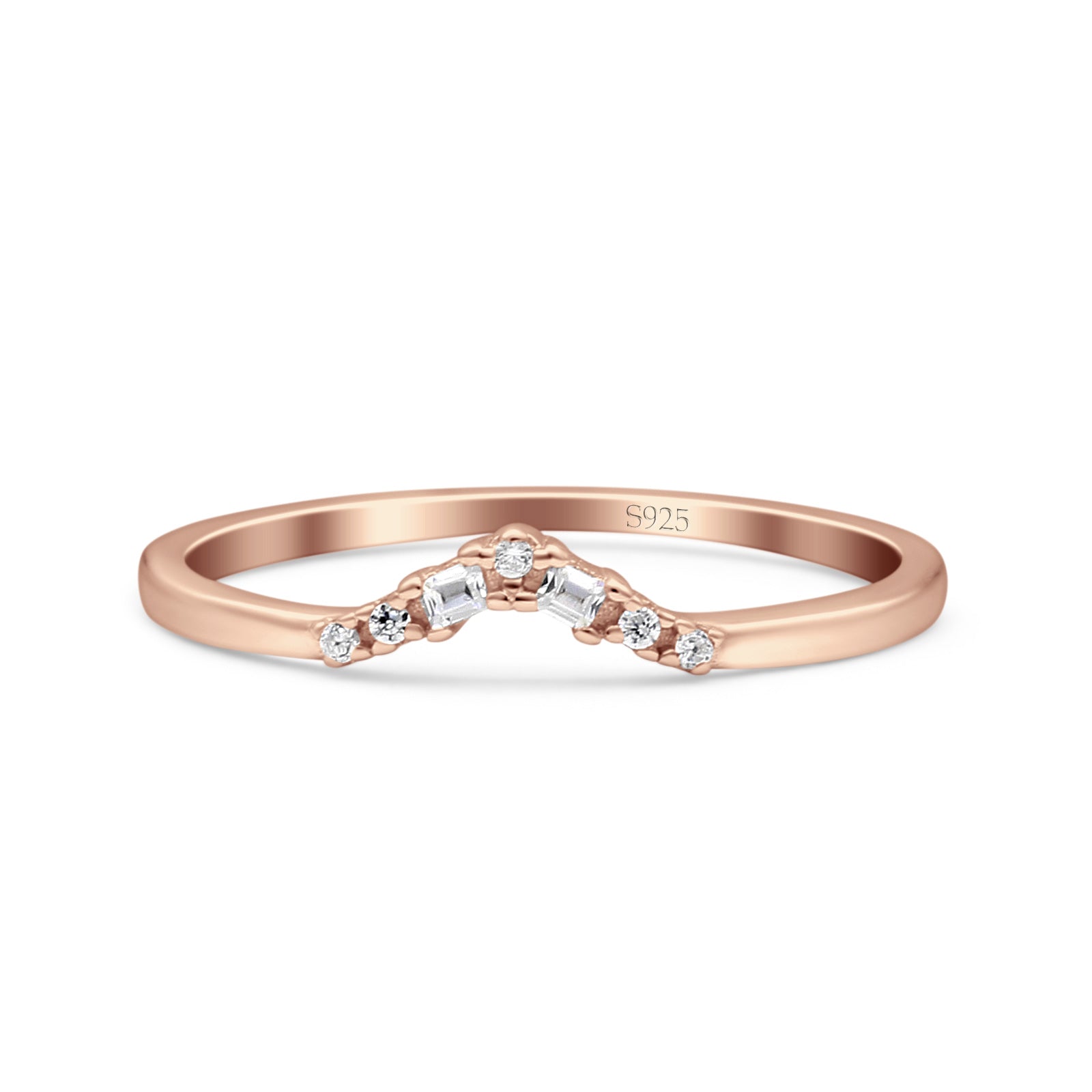 V Curve Baguette Band Eternity Ring Wedding Round Simulated Cubic Zirconia 925 Sterling Silver
