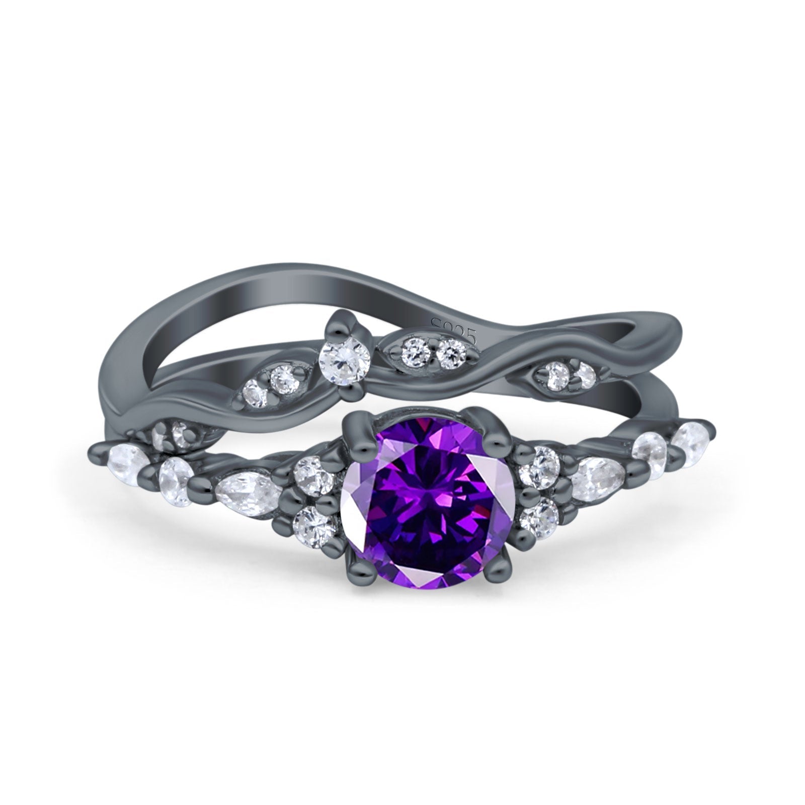 Two Piece Vintage Style Art Deco Engagement Bridal Set Ring Band Round Simulated Cubic Zirconia 925 Sterling Silver