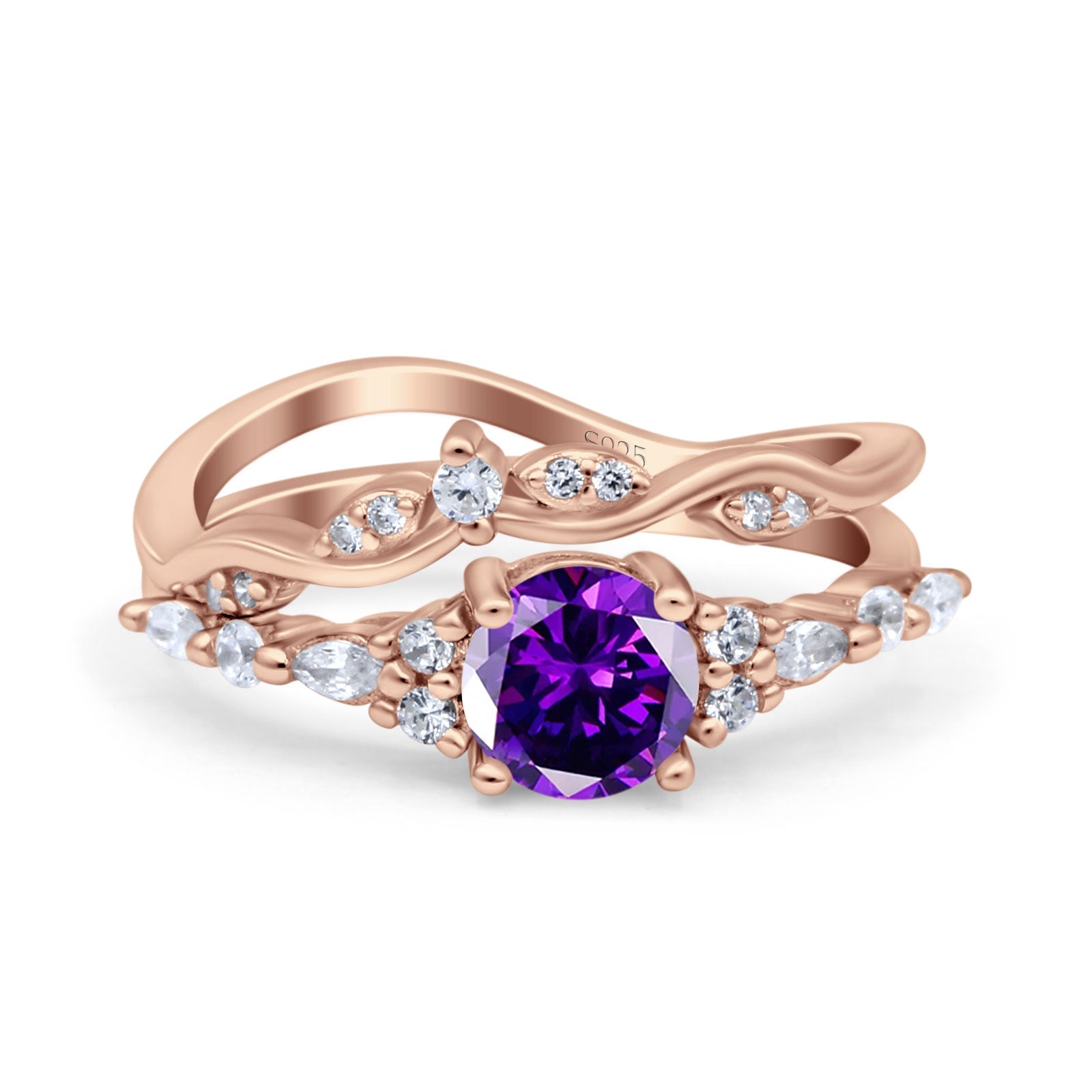 Two Piece Vintage Style Art Deco Engagement Bridal Set Ring Band Round Simulated Cubic Zirconia 925 Sterling Silver