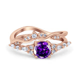 Two Piece Vintage Style Art Deco Engagement Bridal Set Ring Band Round Simulated Cubic Zirconia 925 Sterling Silver