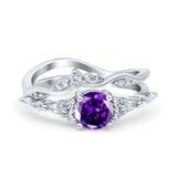 Two Piece Vintage Style Art Deco Engagement Bridal Set Ring Band Round Simulated Cubic Zirconia 925 Sterling Silver
