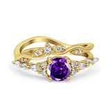 Two Piece Vintage Style Art Deco Engagement Bridal Set Ring Band Round Simulated Cubic Zirconia 925 Sterling Silver