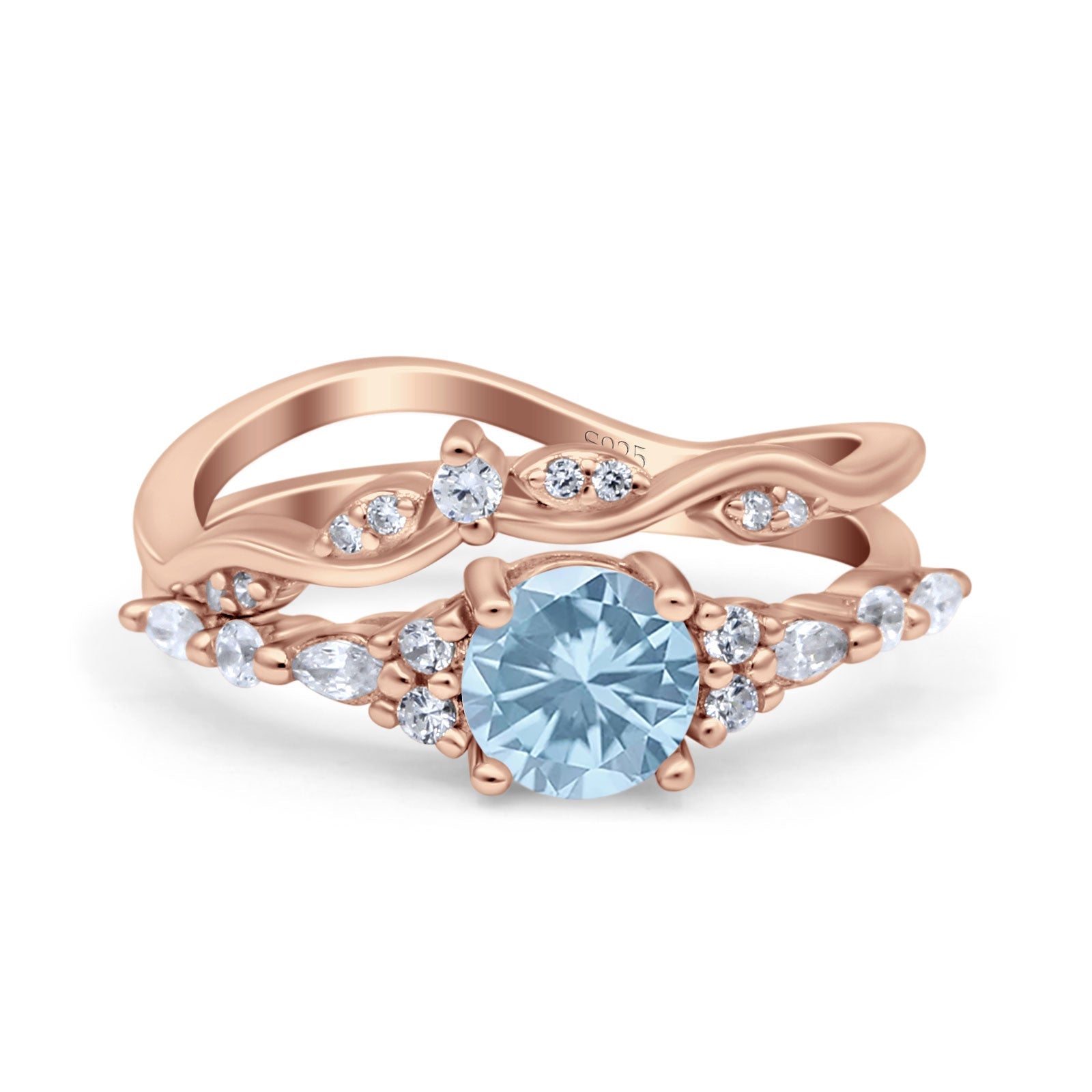 Two Piece Vintage Style Art Deco Engagement Bridal Set Ring Band Round Simulated Cubic Zirconia 925 Sterling Silver