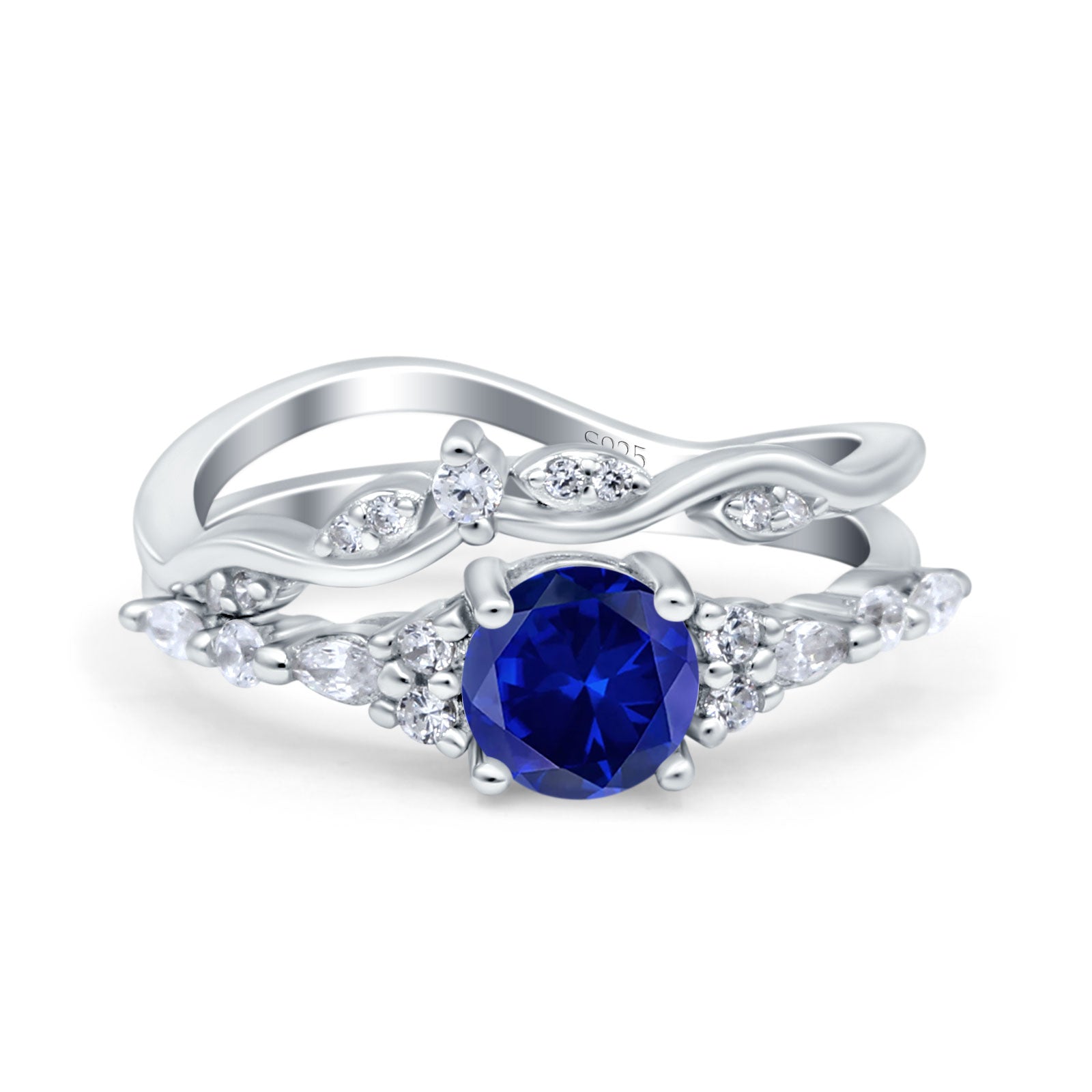 Two Piece Vintage Style Art Deco Engagement Bridal Set Ring Band Round Simulated Cubic Zirconia 925 Sterling Silver
